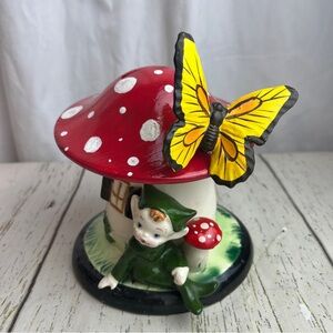 Vtg Lefton Ceramic Mushroom Coin Piggy Bank Butterfly Pixie Elf Made In Japan
